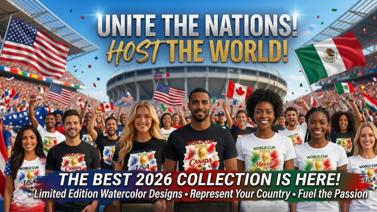 Promotional graphic for a 2026 collection with people wearing t-shirts and flags in the background.